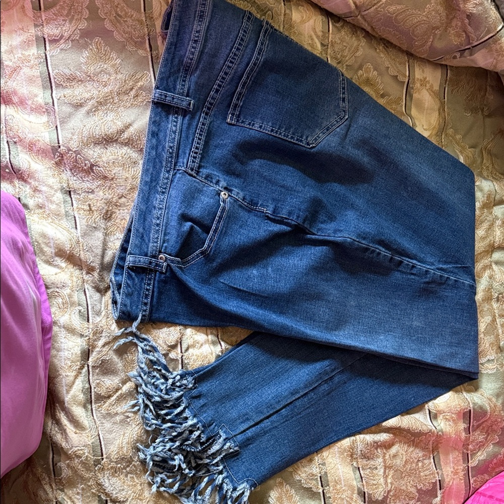 Ashley Stewart Deep Blue Cropped Jeans with Frayed Hem